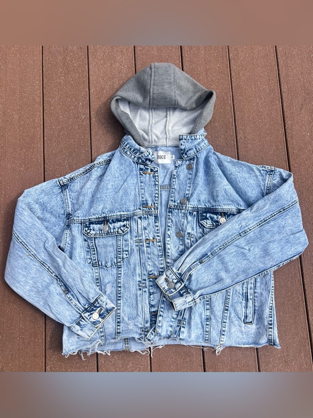 BKE Light Wash Denim Jean Jacket with Gray Hood